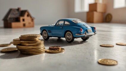 A view of a toy house and a toy car against a light background, with coins lying next to them.