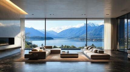 A luxurious living room featuring a panoramic view of distant mountains and a tranquil lake, with modern furnishings