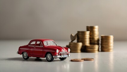 A view of a toy house and a toy car against a light background, with coins lying next to them.