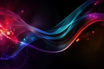 Abstract light waves in vibrant hues of red, blue, and purple swirling against a dark background, symbolizing energy, movement, and modern technology with space for text.