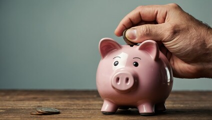 Close-up view of a man's hand putting a coin into a piggy bank