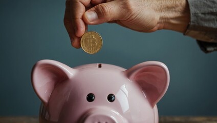 Close-up view of a man's hand putting a coin into a piggy bank