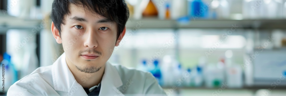 Poster a scientist in a lab coat stands with a confident gaze in a laboratory, emphasizing the precision an