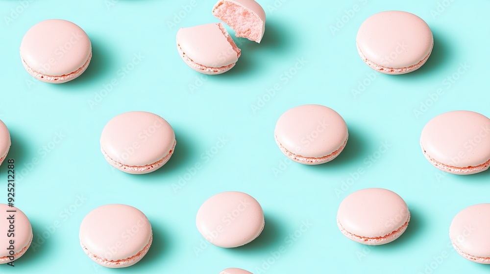 Poster delightful seamless pink macarons arranged in a seamless pattern with one broken open on a vibrant t