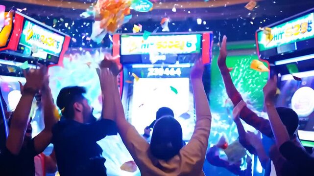 Celebration of High Scores With Confetti at an Arcade in the Evening Generative AI - Powered by Adobe
