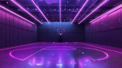 Futuristic Basketball Court with Dynamic Holographic Designs and Illuminated Hoops