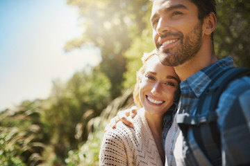 Happy couple, portrait and romantic hug in nature, holding wife and trust in partnership on...