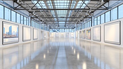 Fototapeta premium Modern Art Gallery Interior with Empty Frames and Skylight