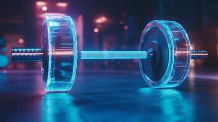 Futuristic Weightlifting Competition with Transparent Weights and Glowing Lift Indicators