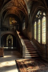 Fototapeta premium Vintage Staircase Interior with Stained Glass Windows