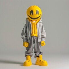 art toy character with yellow Smile on face created by SuperPlastic. Antropomorphic. Fashion and stylish man standing. Dressed in hypebeast clothing, oversized,generative ai