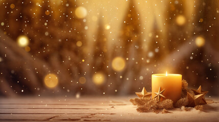 A yellow candle in front of Christmas trees