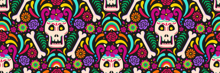 Day of dead sugar skull seamless pattern. Dia de los muertos festive background. Mexican tradition festival. Vector illustration for fabric, wrapping paper, textile and wallpaper. Floral ornament.