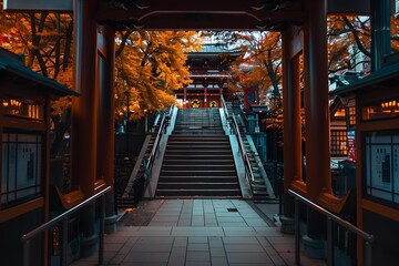 Autumn Leaves in Front of a Japanese Temple