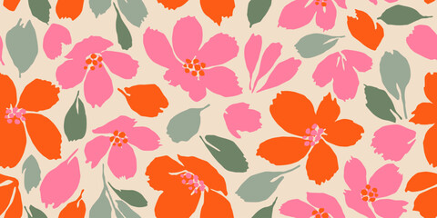 Exotic hand drawn flowers, seamless patterns with floral for fabric, textiles, clothing, wallpaper, cover, banner, interior decor, abstract backgrounds. Vector illustration.