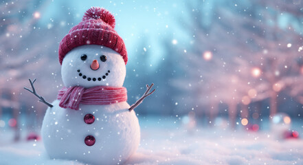 Fototapeta premium Happy smiling snowman standing in winter snowfall