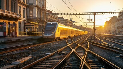 Fototapeta premium Train at main station. crossings and for the arrival and departure of trains.