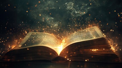 A mystical book lies open, with bright beams of light streaming out, hinting at hidden powers within