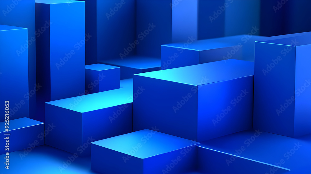 Poster a 3d abstract composition of blue geometric shapes creating a modern visual effect.