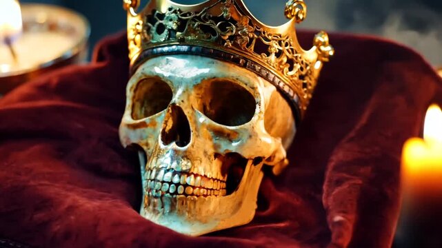 Medieval Queen Skull Adorned With a Golden Crown on Velvet Cloth Generative AI