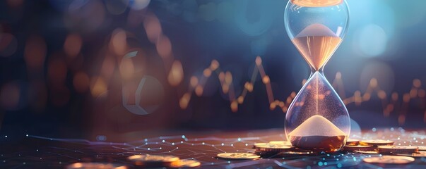 Digital Hourglass with Upward Flowing Coins Symbolizing Time Driven Asset Growth and Financial Stability