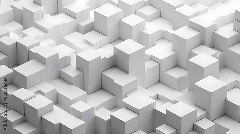 Poster a 3d abstract composition of white cuboids creating a textured surface.
