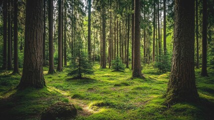 Obraz premium A peaceful forest with a mix of pine and spruce trees, offering a natural, tranquil atmosphere