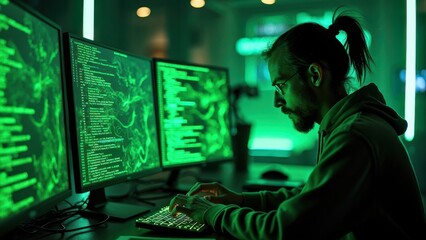 Focused Programmer Writing Code on Multiple Monitors in a Futuristic Workspace