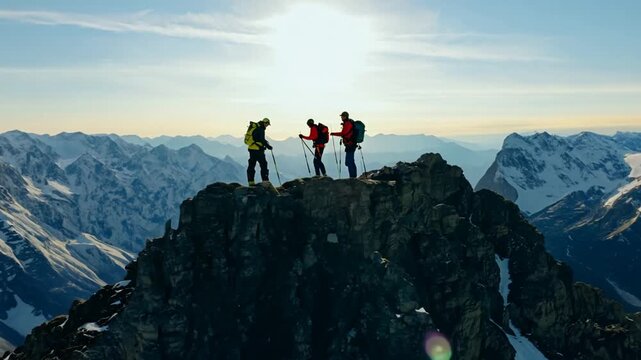 Two Mountaineers Analyze the Summit of a Snow-Covered Mountain Generative AI