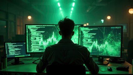 Cyber Analyst Monitoring Data and Graphs on Multiple Screens in High-Tech Office