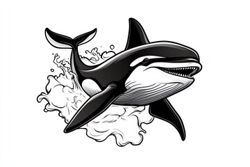 A black and white illustration of an orca whale leaping from the water.