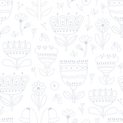Delicate doodle flowers on a white background. Naive seamless pattern. Vector illustration. Print for fabric, wrapping paper, kitchen textile.
