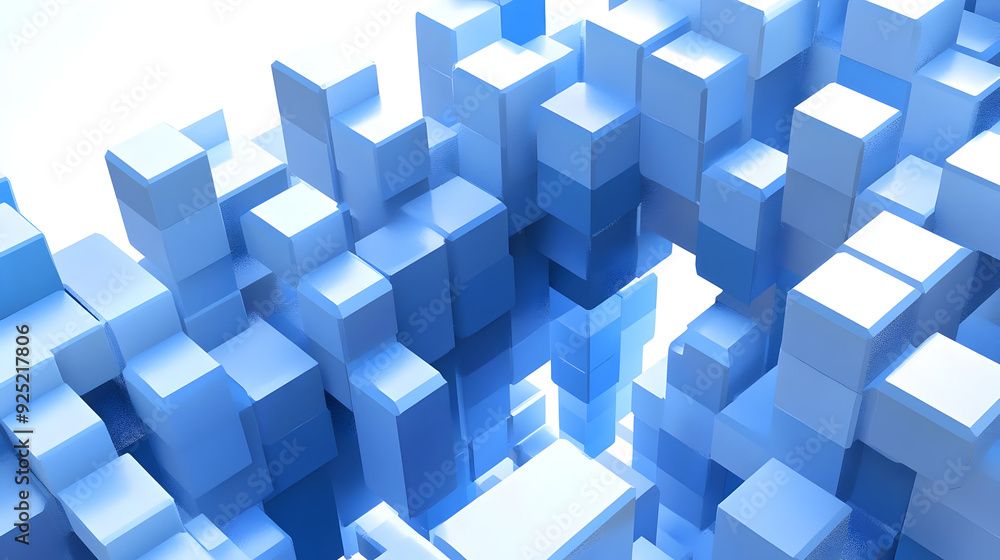 Poster a 3d abstract representation of blue cubes creating a dynamic, geometric landscape.