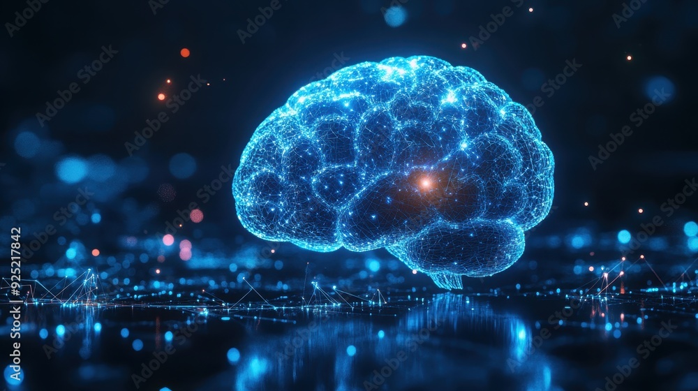 Poster a hyper-realistic digital brain made of light, with ai-powered neural networks connecting around it,