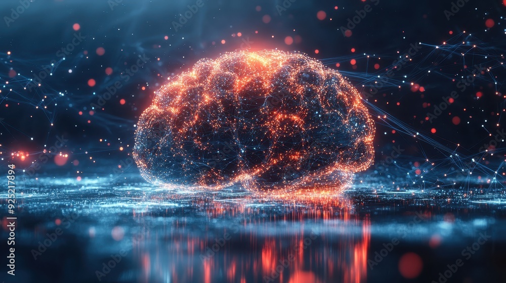 Poster A hyper-realistic digital brain made of light, with AI-powered neural networks connecting around it, symbolizing advanced artificial intelligence, with copy space for text 