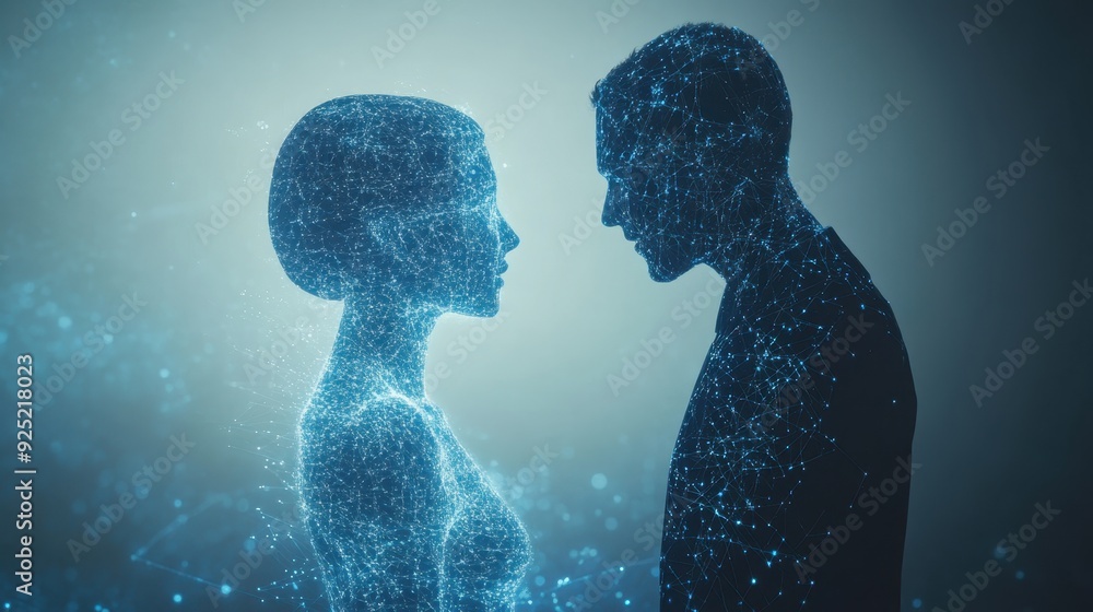 Poster human and an ai-powered holographic figure discussing data on a digital interface, symbolizing colla