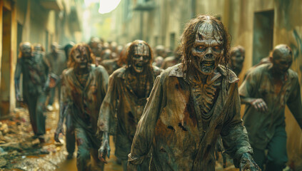 Obraz premium Eerie and terrifying Zombies walking in the streets. Creepy Halloween project design or mysterious horror