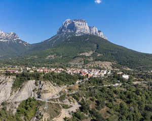 Aerial view of Laspuña in the Aragonese Pyrenees, next to the Montañesa rock. Huesca. Spain