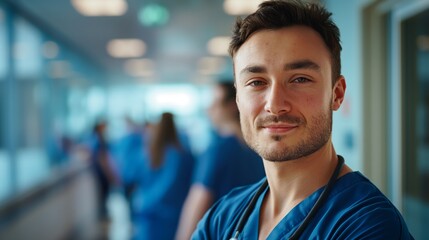 Fototapeta premium A young medical professional smiles confidently in a busy corridor with colleagues blurred in the background, wearing blue scrubs and a stethoscope.