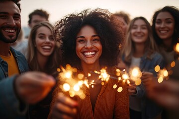 Group of friends celebrating together at sunset, holding sparklers and smiling joyfully