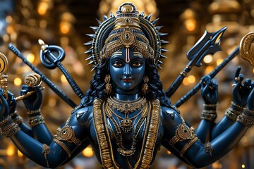 A blue deity with multiple arms, adorned with golden jewelry, holding weapons and surrounded by lights.