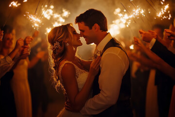 Newlyweds share a romantic moment surrounded by sparkler-wielding guests at their evening wedding celebration
