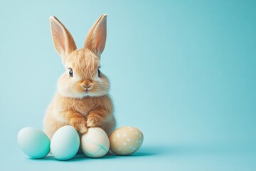 Obraz premium Adorable bunny with colorful easter eggs on blue background