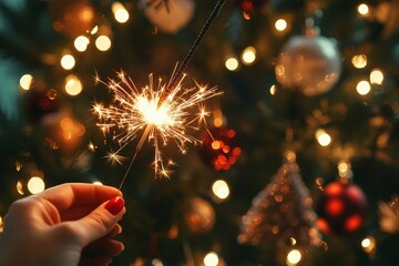 A person holding a lit sparkler in front of a decorated Christmas tree in a cozy indoor setting