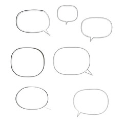 A set of seven hand-drawn style speech bubbles in various shapes and sizes, isolated on a white background, perfect for creative and casual design projects.
