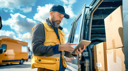 A courier examines his electronic tablet while standing by his van, ready to pick up cargo boxes in a bustling outdoor environment