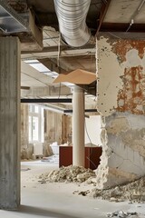 Obraz premium Under Construction Interior Design of an Old Building with Wires and Pipes