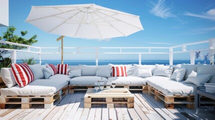 Terrace on the roof of the house with white umbrellas on the sea background