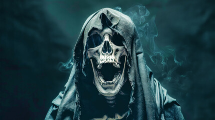 A fearsome grim reaper with wide eyes and an open mouth conveys pure terror, set against a stark black backdrop that enhances the eerie atmosphere