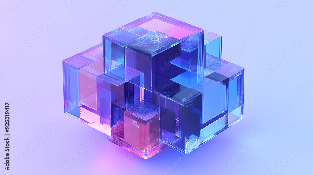 Poster a 3d abstract structure with translucent geometric shapes in vibrant colors.